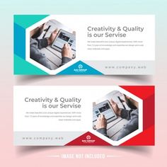 two horizontal banners with the words creativity and quality on them, one is for an appliance