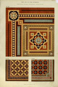 an old book with different designs and colors on the pages, including decorative tilework