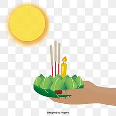 a hand holding green plants and candles with the sun in the background png clipart