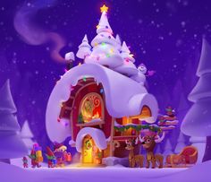 an animated christmas scene with santa's sleigh and reindeers in front of a snow - covered house