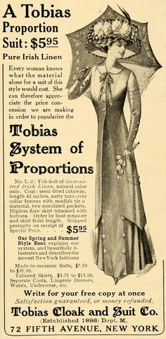 Tobias Cloak & Suit Co 1909 1910s Fashion, Irish Linen, Cloak, Pure Products, Fictional Characters