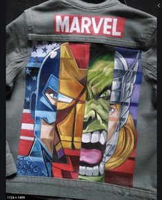 the back of a jacket with an image of two superheros on it, and one has