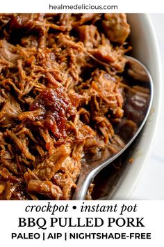 crockpot instant pot bbq pulled pork recipe in a white bowl with text overlay