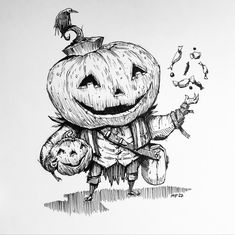 a black and white drawing of a jack - o'- lantern holding a pumpkin