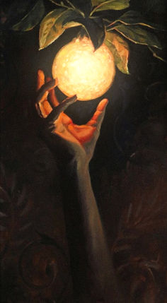 a painting of two hands holding a glowing ball with leaves on it's sides