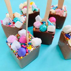 chocolate desserts with marshmallows, candy and candies on sticks in them