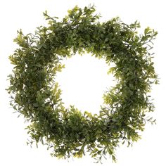 a wreath with green leaves is shown in the shape of a letter o on a white background