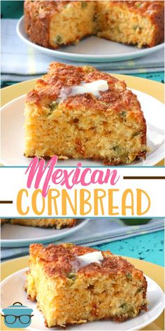 mexican cornbread on a white plate with two slices cut out