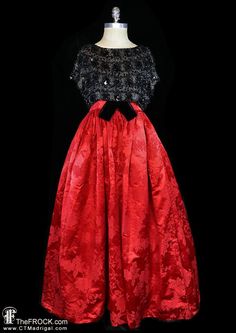 "BIG NEWS After 22 years, our website, TheFROCK.com, has had a makeover. Check out the new site, and join our mailing list for new arrivals.  Grand vintage Balenciaga ballgown with a decadently beaded black semi-sleeve bodice over a generous red silk damask skirt. Rear zipper, black velvet bow waist. The beaded overbodice has a bit of a relaxed blousy fit, the bodice interior measures bust 36.5\", the waist is 28\", and the length is 57\". Condition is excellent.  Layaway is available. ALL DELIV Brocade Evening Dress For Gala, Silk Ball Gown Evening Dress For Party, Brocade Gown For Gala, Elegant Brocade Evening Dress, Brocade Dresses With Fitted Bodice For Evening, Taffeta Gown For Evening Gala, Red Velvet Gala Dress, Evening Dress With Fitted Brocade Bodice, Brocade Evening Dress With Fitted Bodice