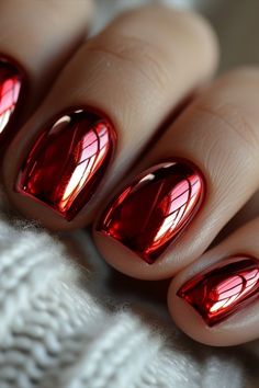 Red Metalic Nails Ideas, Red And Black Chrome Nails Designs, Modern Red Nails, Red Designs Nails, Pink And Red Chrome Nails, Red Chrome Nails Designs Valentines, Red Iridescent Nails, Chrome Red Nails Designs, Best Chrome Nails