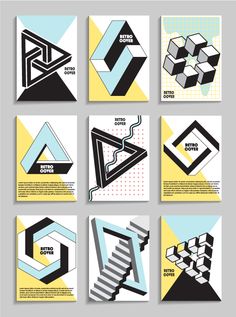 six different geometric designs with black and white lines on the bottom, one in blue and yellow