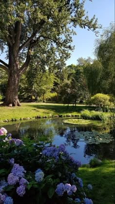 the pond is surrounded by flowers and trees