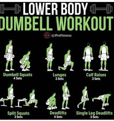 the lower body dumbbell workout poster is shown in green and black with instructions to do it