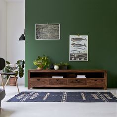 a living room with green walls and white flooring on the wall, an area rug is placed in front of the coffee table