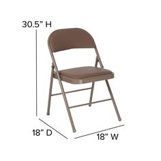 a folding chair with measurements for the seat and back side, shown from the front