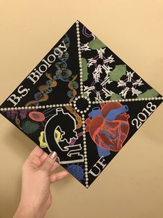 someone is holding up a decorated graduation cap