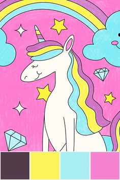 a drawing of a unicorn with stars, clouds, and rainbows in the background