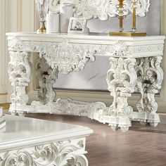 Step into a realm of refined taste and timeless style with the Adara Sofa Table—a masterpiece that goes beyond the ordinary, seamlessly fusing the opulence of Rococo design with practical functionality. Meticulously crafted, this table becomes not just a piece of furniture but a statement—an embodiment of grandeur that elevates your living space to new heights. Fancy Living Rooms, Rococo Design, French Provincial Furniture, End Tables With Drawers, White Table Top, Talk Of The Town, Acme Furniture, Occasional Table, White Furniture