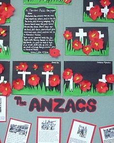 a bulletin board with flowers and pictures on it that say anzacs in different languages