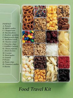 the food travel kit is packed with cereals and pretzels