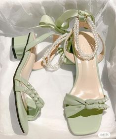 Pretty Heels, Pearl Shoes, Green Heels, Cute Heels