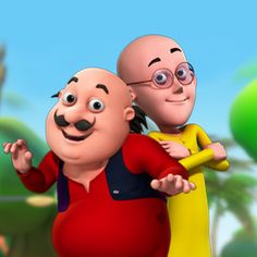 two cartoon characters standing next to each other in front of some trees and bushes, one holding onto the back of another character