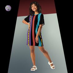 This Mod Striped T-shirt Dress in teal, red, purple, and yellow against black will look great almost anywhere. Dress it up with a jacket or give it a more casual vibe with a pair of sneakers before you climb on your Vespa. Wear it as a nightie or even as a part of your street style outfit—the options are endless. The comfortable oversize fit proves that comfy can also be 1960's stylish!• Made from 96% polyester, 4% spandex• Smooth and stretchy fabric• Lowered armhole with a widened sleeve and a Moto Wear, Ceramic Eye, Striped T Shirt Dress, Button Outfit, New Ceramics, Purple And Yellow, Striped T Shirt, Gothic Jewelry, Street Style Outfit