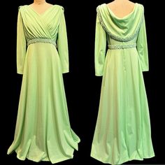 Vintage 60s 70s Union Label Made In Usa Polyester Elegant Full Length Gown Heavily And Intricately Beaded Waistline Gorgeous Back Shoulder Waterfall Drape With Beadwork Cross Wrap Front Zipper Closure Long Sleeve Color Is Pistachio Mint Green Good Condition 86z Retro Green Evening Dress, Green Retro Evening Dress, 1970s Fitted Green Maxi Dress, Fitted 1970s Style Green Maxi Dress, 1970s Style Fitted Green Maxi Dress, Green Fitted Maxi Dress 1970s Style, Vintage Green Maxi Dress For Evening, Vintage Green Evening Maxi Dress, Green Long Sleeve Vintage Dress For Party