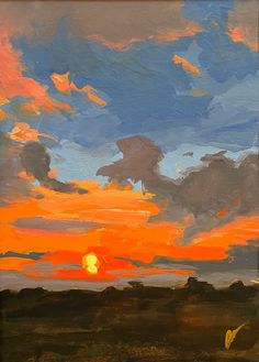 an oil painting of a sunset with clouds in the sky