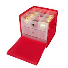 an open red storage box filled with lots of items