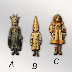 three children's halloween costumes are shown with the letters abc and c below them