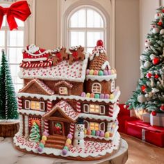 a large gingerbread house with christmas decorations