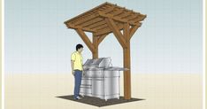 a man standing in front of a grill under a wooden pergolan structure with an awning over it