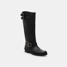 Our tall smooth leather Daria is an edgy design featuring moto-inspired buckle strapping and a stacked heel. The pull-on style is finished with a comfortable padded footbed and rubber outsole for great traction. | Coach Daria Moto Boot - Women's Size 8 - Black Black Moto Boots, Coach Boots, Backpack Charm, Large Wallet, Moto Boots, Stacked Heel, New Handbags, Boot Shoes Women, Smooth Leather