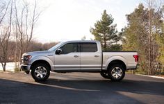 a silver truck is parked on the side of the road in front of some trees