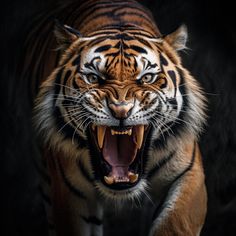 a tiger with its mouth open and it's teeth wide open, showing fangs