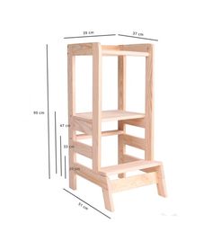 a wooden step stool with measurements for the top and bottom shelf on each side,