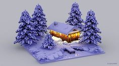 a small house in the middle of some snow covered trees with lights shining on it