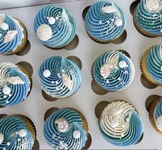 twelve cupcakes with blue and white frosting