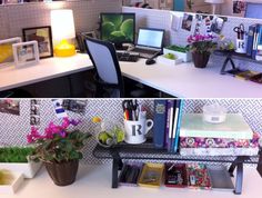 two pictures of the same desk with flowers and books on it, one is empty