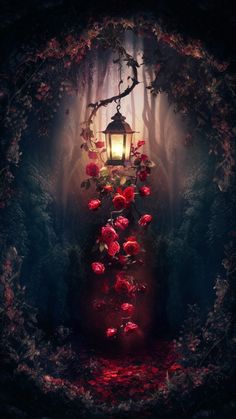 a lantern in the middle of a forest with roses growing out of it's sides