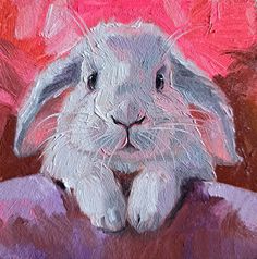 a painting of a white rabbit with pink background