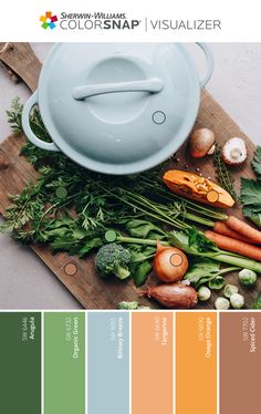 the color palette is green, orange, and yellow with an image of vegetables on it