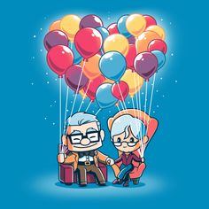 an old man and woman are holding balloons