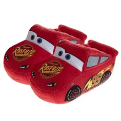 two red slippers with cars on them