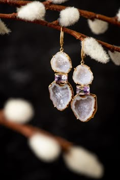 Amethyst Geode Drop Earrings – Eleux Luxury Agate Drop Earrings, Elegant Gold Geodes With Natural Stones, Elegant Gold Geodes, Wedding Amethyst Earrings With Natural Stones, Tabasco Mexico, Ball Outfits, Raw Jewelry, Rock Earrings, Geode Jewelry