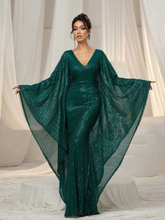 Dolman Sleeves Sequin Formal Dress Elegant Long Sleeve Prom Evening Wedding Guest Gown, For Graduation, Dinner Dark Green   Long Sleeve Sequins Colorblock,Plain,Textured Pattern A Line,Kaftan Slight Stretch  Weddings & Events, size features are:Bust: ,Length: ,Sleeve Length: Formal Kaftan Dress, Gown For Graduation, Ceremony Planning, Wedding Guest Gowns, Dress Elegant Long, Feminine Wardrobe, Sequin Formal Dress, Dresses Formal Elegant, Long Sleeve Prom