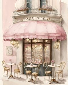 a painting of a restaurant with tables and chairs outside the window, in front of a pink wall