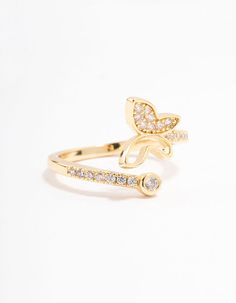 For a luxe addition to your stack, style our collection of gold plated cocktail rings. Perfect for styling on special occasions, or in your everyday stack! This ring is plated with gold and features a spiral design, encrusted with mini cubic zirconia crystals. Material: Crystal, Cubic Zirconia, Gold Plated Dimensions: Length 16mm x Width 2mm Weight: 4g | Lovisa Gold Plated Butterfly Cubic Zirconia Wrapped Ring, Size: Small/Medium, Clear Lovisa Jewellery, Jewelry Accessories Ideas, Spiral Design, Accessories Ideas, Wrap Rings, Cocktail Rings, Real Gold, Fashion Rings, Cubic Zirconia