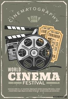 an old movie poster with the words world cinema festival and film reels on it